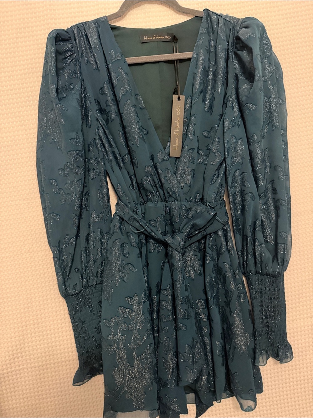 House of Harlow 1960 Teal Shimmer Floral Long Sleeve Mini Dress